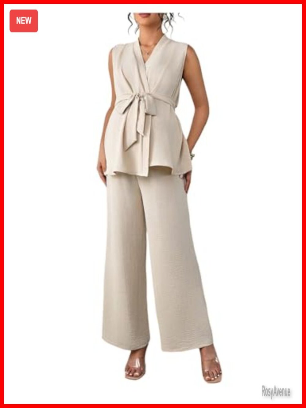 Maternity Two Piece Set Belted Tank Top Wide Leg Pants Work Outfit